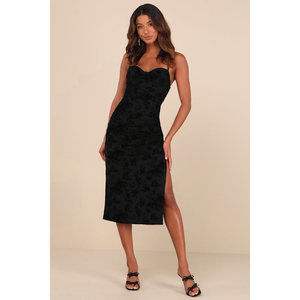 Lulus Decadent Flirt Black Mesh Velvet Ruched Bodycon Midi Dress - Size L